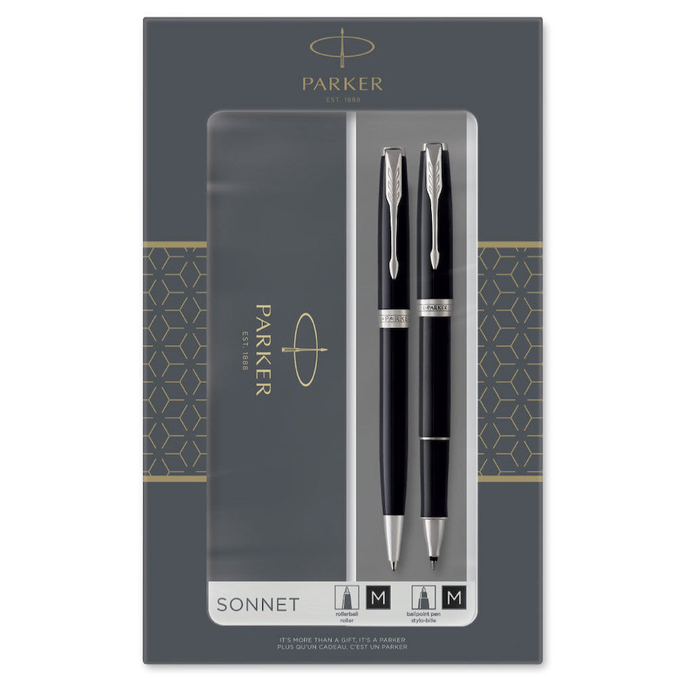 Parker Sonnet Ballpoint & Rollerball Duo Gift Set Black with Chrome Trim