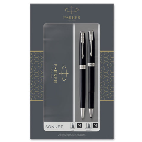 Parker Sonnet Ballpoint & Rollerball Duo Gift Set Black with Chrome Trim