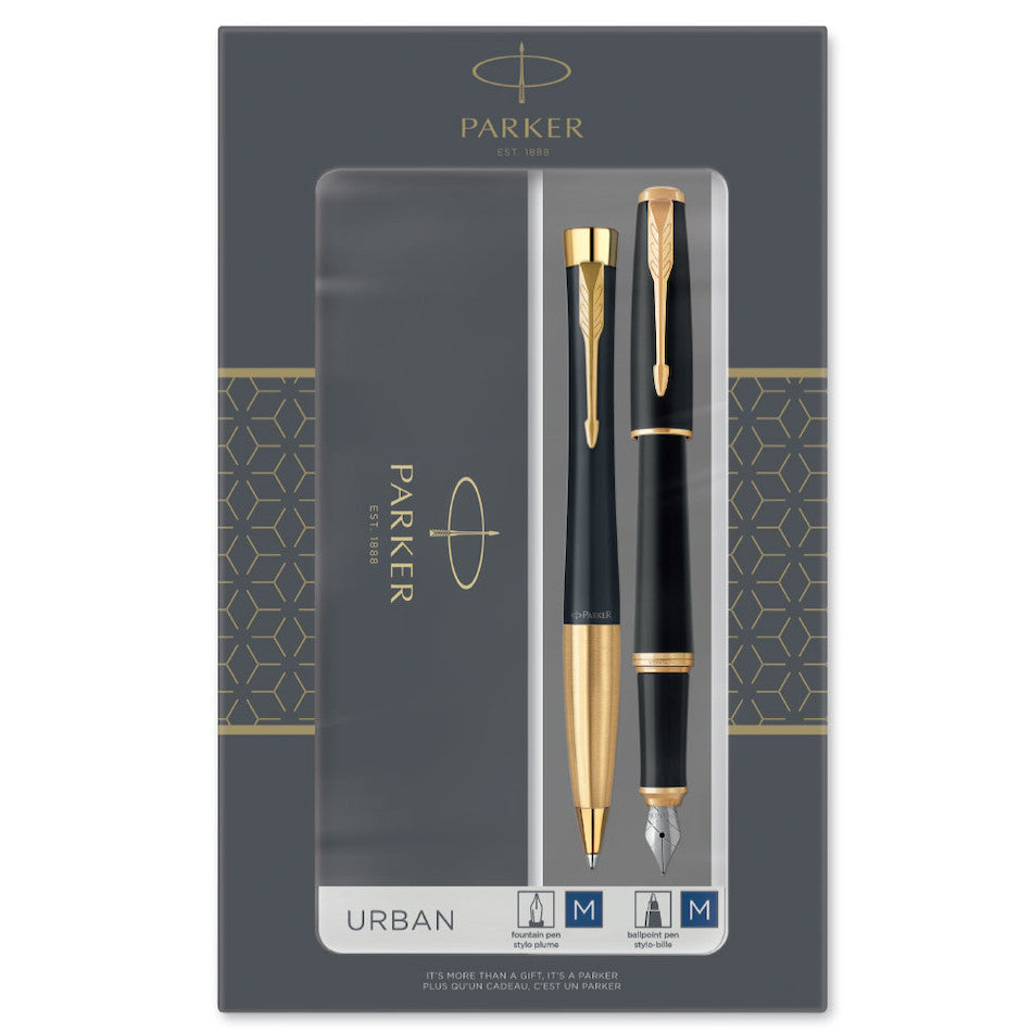 Parker Urban Ballpoint & Fountain Pen Duo Gift Set Metal Black with Gold Trim