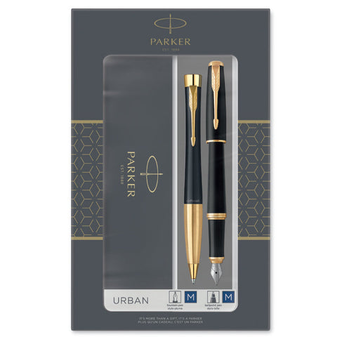 Parker Urban Ballpoint & Fountain Pen Duo Gift Set Metal Black with Gold Trim